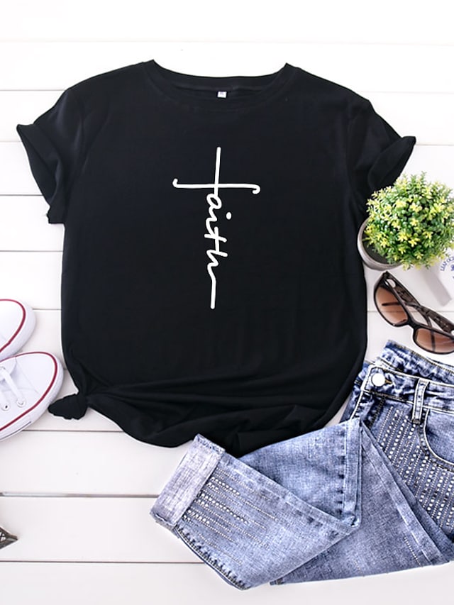 Women's Faith T shirt Graphic Text Letter Print Round Neck Basic Tops 100% Cotton Black Yellow Blushing Pink #8076885