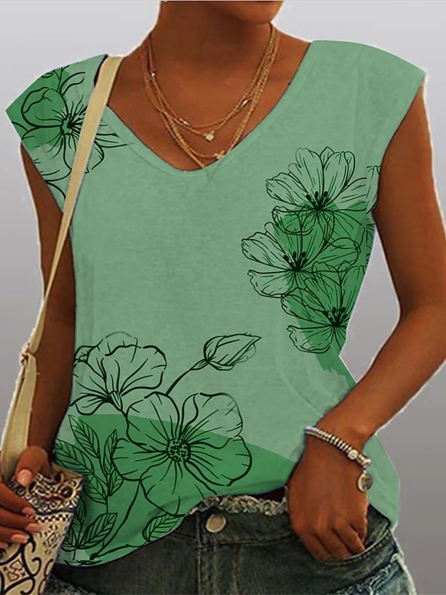 Women's Blouse Camis Floral Patchwork Print V Neck Basic Casual Beach Tops Green / 3D Print #9023699