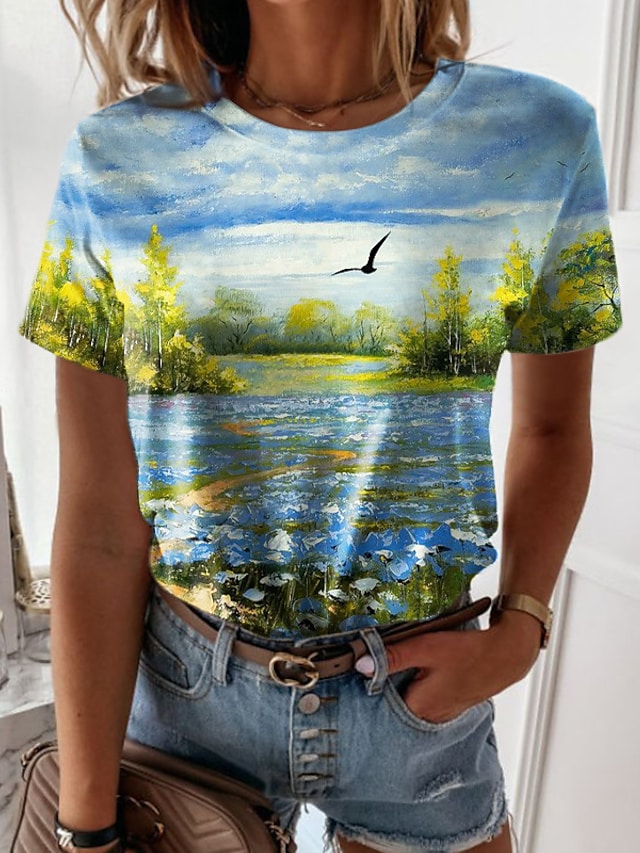 Women's 3D Printed Painting T shirt Scenery 3D Print Round Neck Basic Tops Blue #9026892