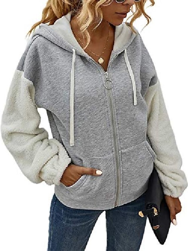 Women's Casual Cozy Fuzzy Faux Shearling Fleece Zip Up Hoodie Jacket Outwear with Pockets (Gray)-XL #8514841