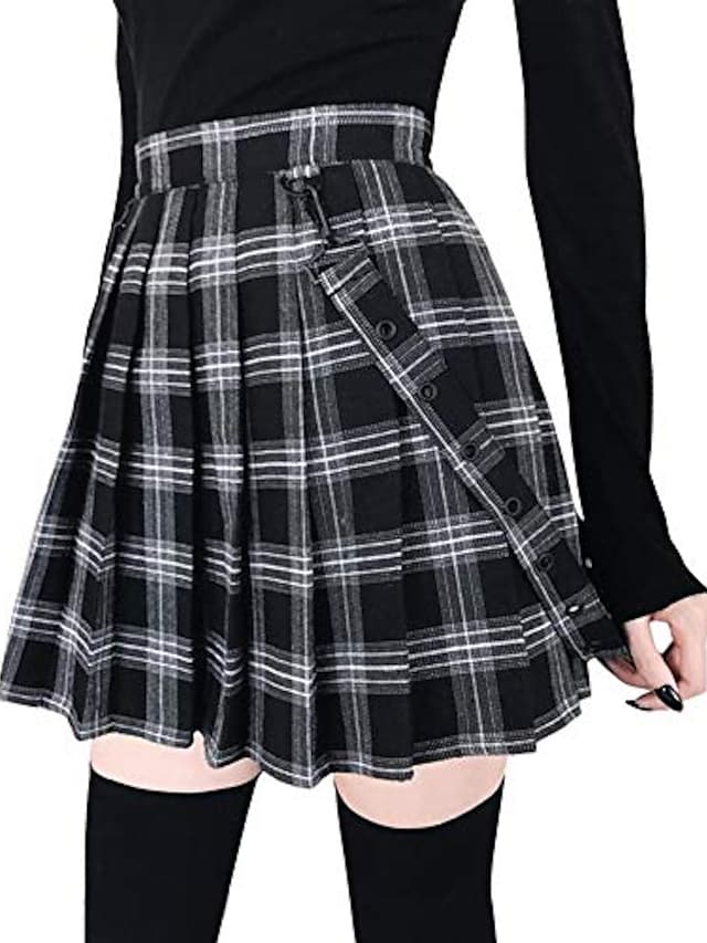 Women's Chic & Modern Punk Lolita Overalls Capris Skirts Halloween Party / Evening Square Plaid / Check Tartan Modern Style High Waist Lake blue Wine Black S M L #8389422