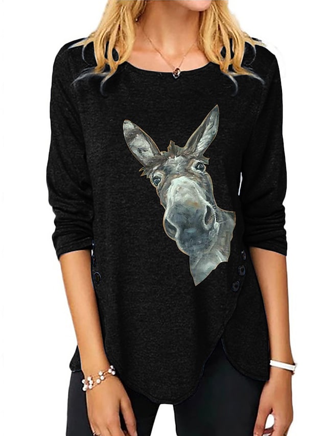 Women's Painting T shirt Donkey Animal Long Sleeve Button Print Round Neck Basic Tops Regular Fit Blue Purple Khaki #8840498