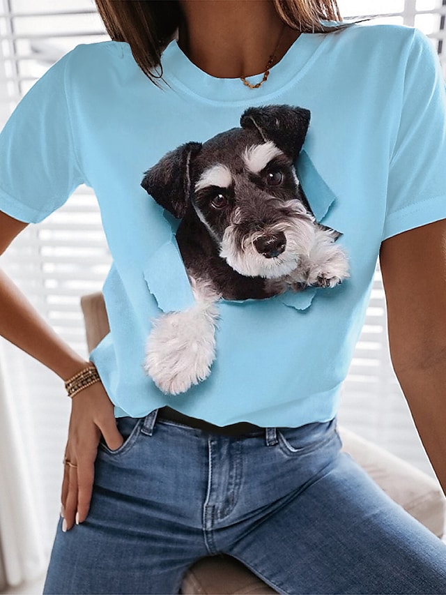 Women's 3D Printed Painting T shirt Dog 3D Print Round Neck Basic Tops Blue White Purple #9026952