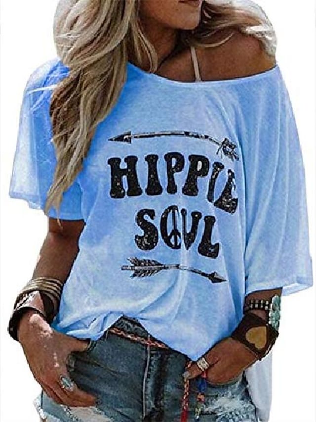 womens hippie soul graphic tees summer off the shoulder boho tunic t shirts half sleeve loose tops and shirts (blue, xx-large) #8368773