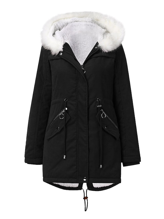 Women's Parka Daily Valentine's Day Work Fall Winter Regular Coat Regular Fit Windproof Warm Casual Jacket Long Sleeve Solid Color Fur Trim Pink Black Green #8754728