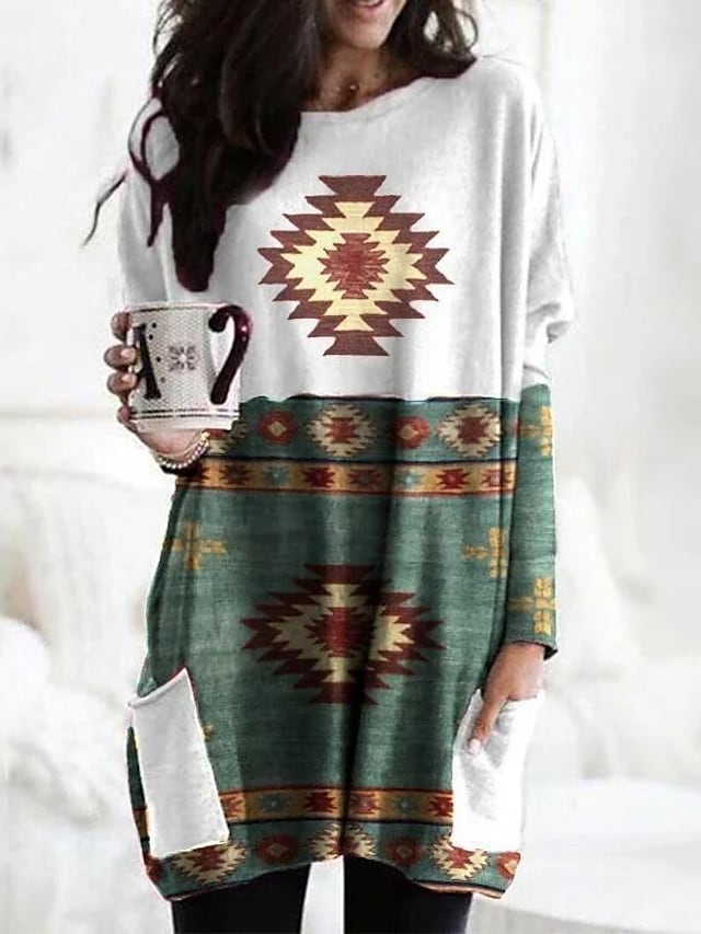 Women's Shift Dress Short Mini Dress Green Red Long Sleeve Geometric Print Fall Winter Round Neck Elegant Loose 2022 S M L XL XXL #8841087