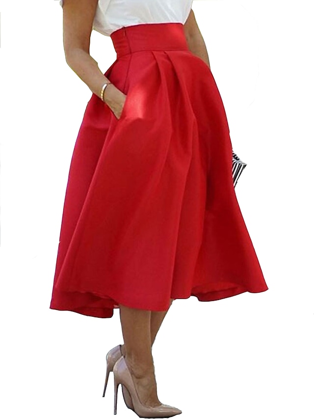 Women's Chic & Modern Elegant Swing Knee Length Skirts Party / Evening Office / Career Solid Colored Pleated High Waist Black Red S M L #7454022