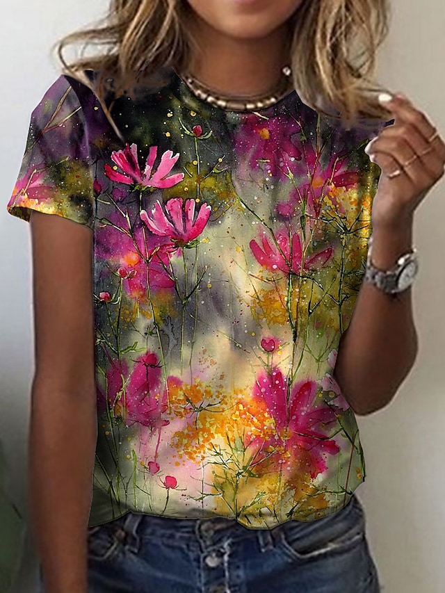 Women's Floral Theme Painting T shirt Floral Print Round Neck Basic Tops Yellow / 3D Print #8980947