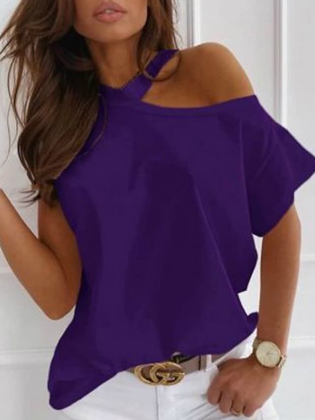 Women's T shirt Solid Colored Round Neck cold shoulder Basic Tops Loose Purple Black Green #8059302