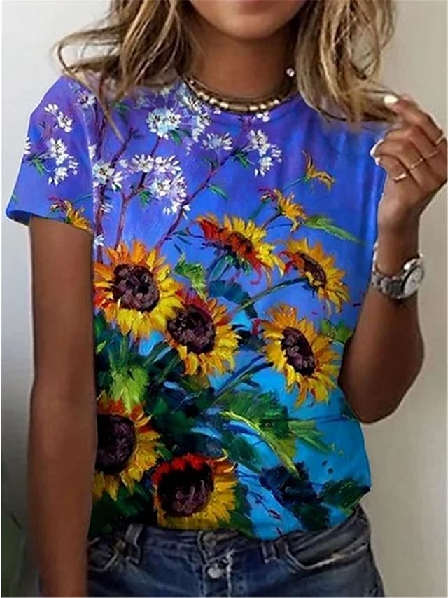 Women's T shirt Floral Plants Sunflower Round Neck Basic Tops Blue / 3D Print #8979384