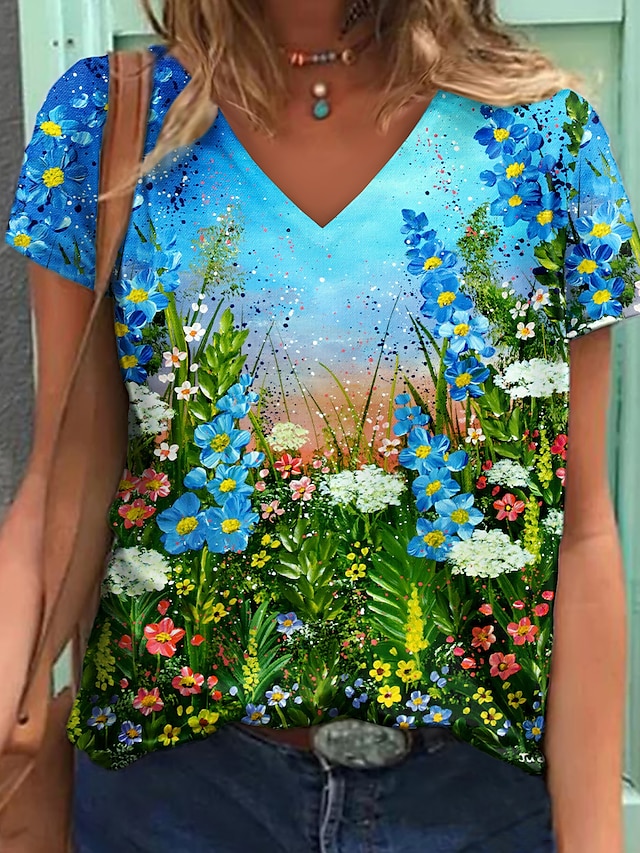 Women's Floral Theme Painting T shirt Floral Print V Neck Basic Tops Blue / 3D Print #9010075