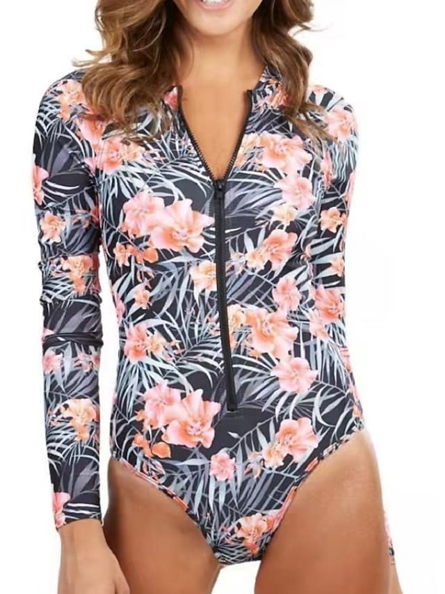 Women's Swimwear Rash Guard Diving Swimsuit Slim Floral Blue Black Camisole Bodysuit Strap Bathing Suits New Vacation Fashion / Sexy #9022833